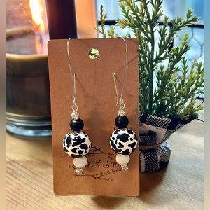 Cow Print Fun Statement Earrings- Wooden Beaded Dangle Earrings- Handmade!